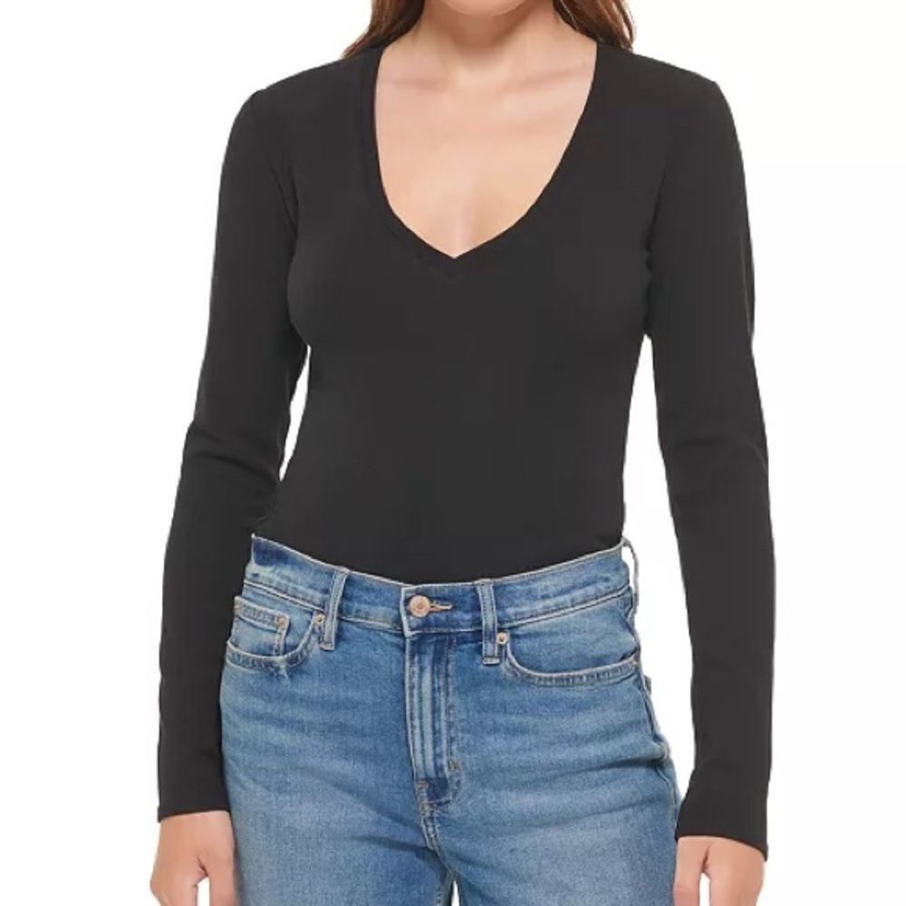 Calvin Klein Jeans Long-Sleeve V-Neck Bodysuit Black XS NWT IN PACKAGING